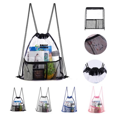 Clear Drawstring PVC Bag Gym Waterproof Backpack with Mesh Pocket